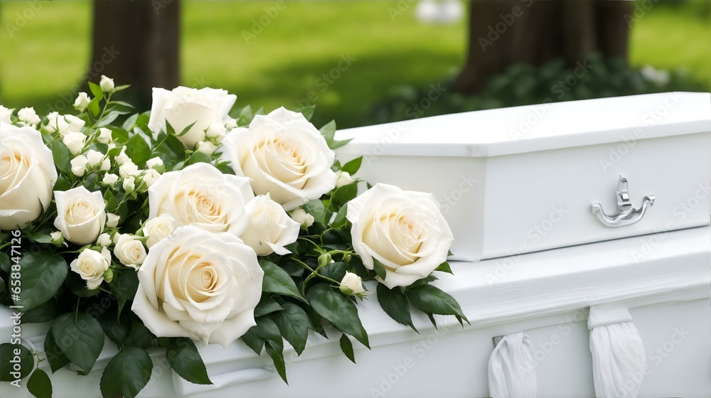 葬儀の棺、お墓、棺の上の花｜Funeral coffin, grave, flowers on the coffin. Generative AI - obrazy, fototapety, plakaty 