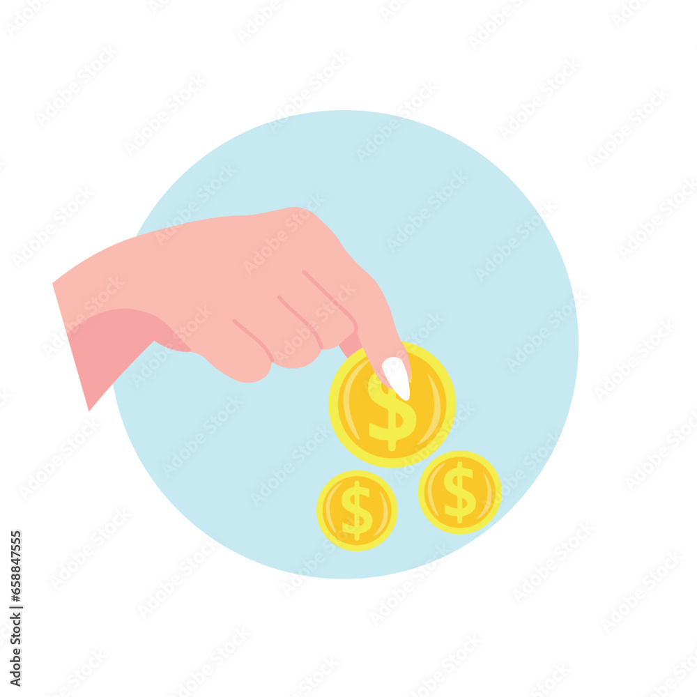 Hand with golden dollar coins on white background