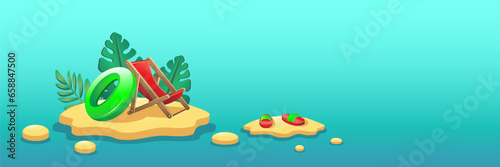 Deck chair, inflatable ring, flip-flops and tropical leaves on sea beach