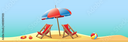 Deck chairs and umbrella on sea beach