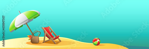 Deck chair, bag and umbrella on sea beach