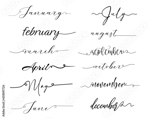 Set of written names of months on white background