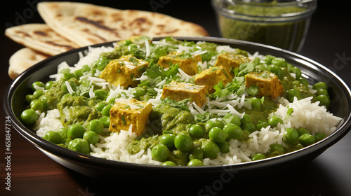 A platter of pea and paneer curry with tender green UHD wallpaper Stock Photographic Image