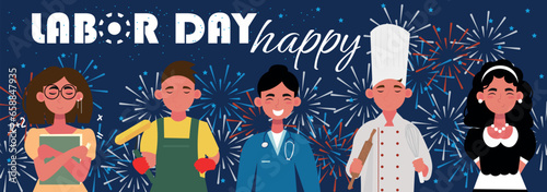 Greeting card for Happy Labor Day with many workers of different professions