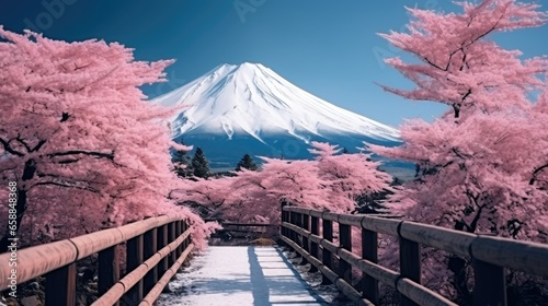 blooming pink cherry blossom and mount Fuji at background. photo