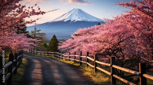 blooming pink cherry blossom and mount Fuji at background.
