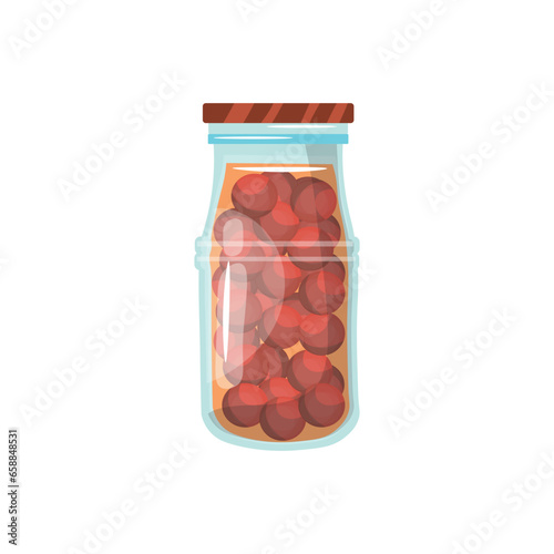 Glass jar of canned cherry tomatoes on white background