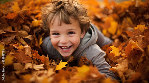 Cute and happy little boy laying on fallen leaves. Having fun outdoor during autumn season.