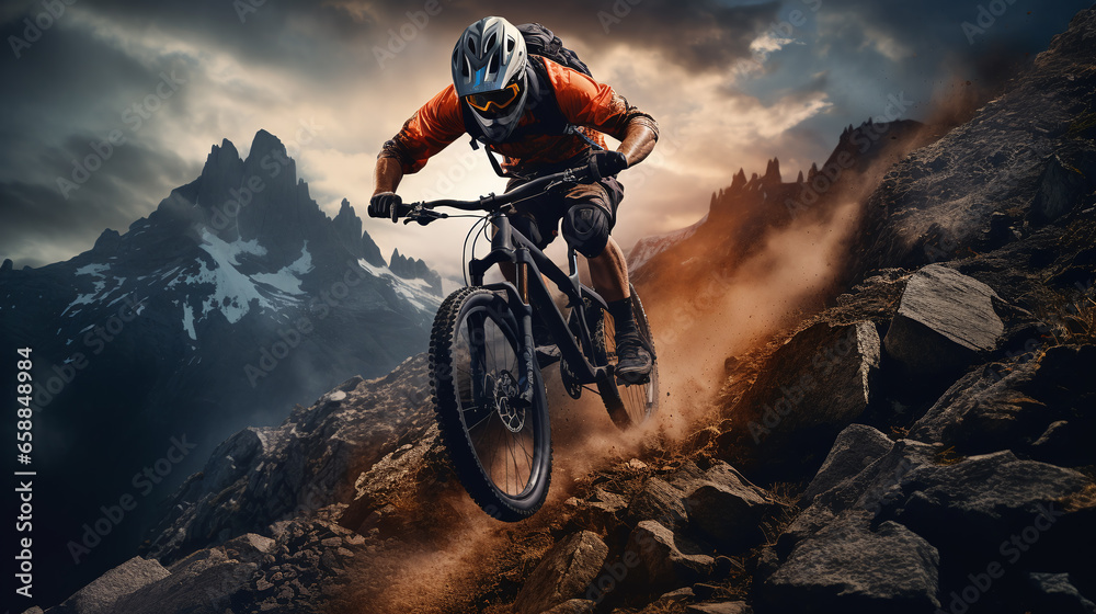 Naklejka premium Cyclist Riding the Bike on a trail with a mountain at the background. Extreme Sport and Enduro Biking Concept.