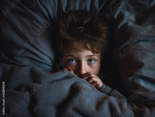 Young boy scared before going to bed.