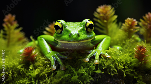 Capturing a Gleeful Moment  Close-up of a Gliding Frog  Almost Laughing  Perched on Moss in the Indonesian Forests