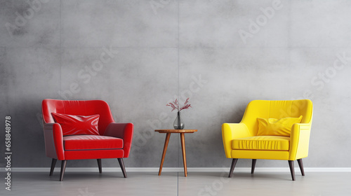 Modern yellow and red chair in light grey living room.
