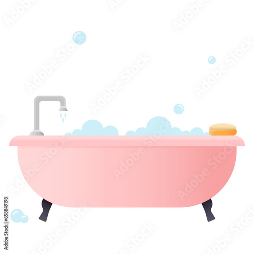 Pink bathtub with soap bubbles on white background