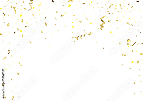 Many Falling Gold Confetti And Ribbon On Transparent Background. Celebration Event and Party.