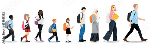 Group of school children with backpacks on white background