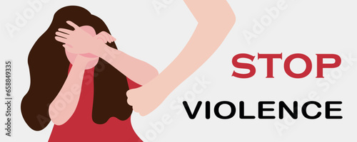 Scared woman, hand with clenched fist and text STOP VIOLENCE on light background