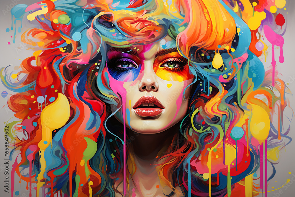 Vibrant Futurism: Hyper-Realistic Pop Art Portrait of a Woman with Colorful Hair and Makeup in Kaleidoscopic Abstraction