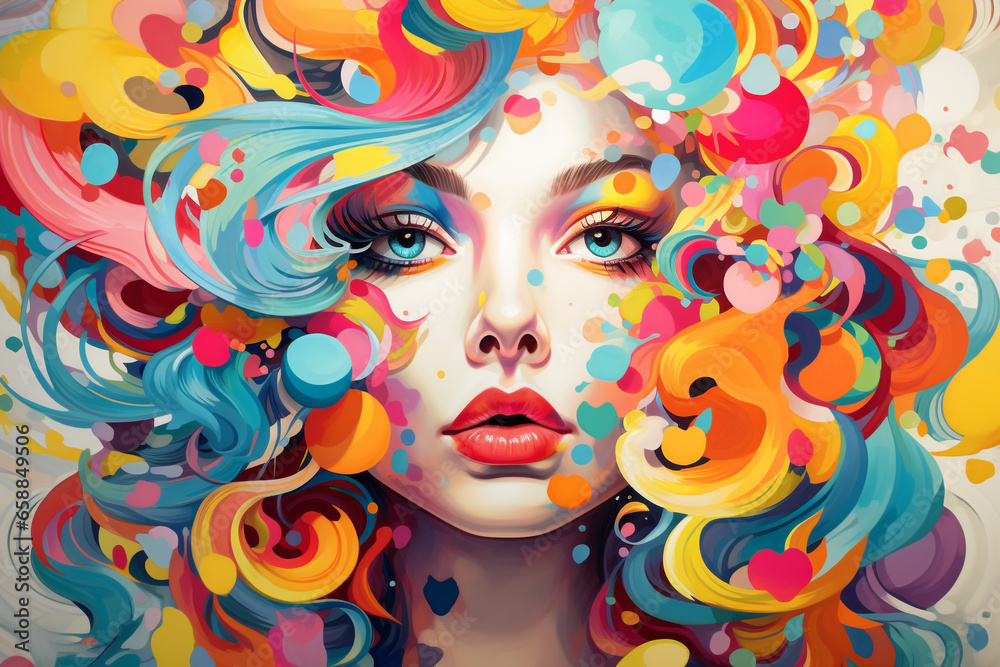 Vibrant Futurism: Hyper-Realistic Pop Art Portrait of a Woman with Colorful Hair and Makeup in Kaleidoscopic Abstraction