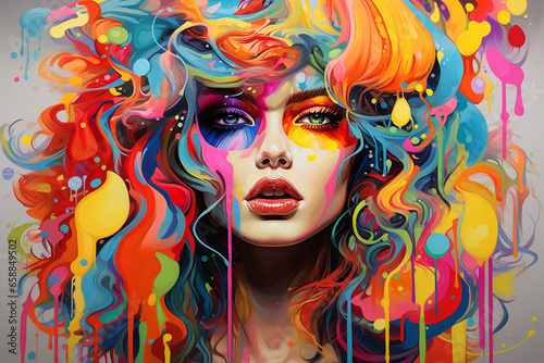 Vibrant Futurism  Hyper-Realistic Pop Art Portrait of a Woman with Colorful Hair and Makeup in Kaleidoscopic Abstraction