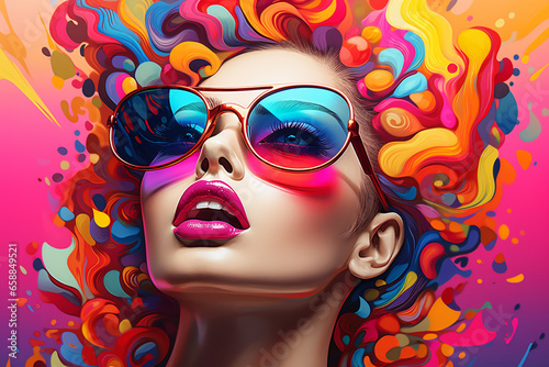 Vibrant Futurism: Hyper-Realistic Pop Art Portrait of a Woman with Colorful Hair and Makeup in Kaleidoscopic Abstraction