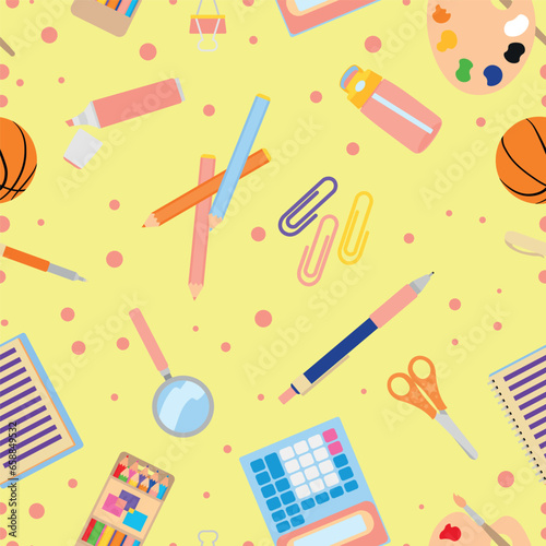 Many school supplies on yellow background. Pattern for design