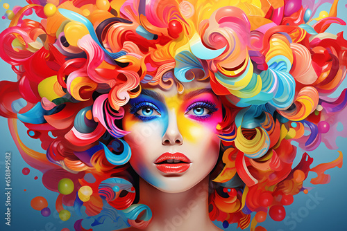 Vibrant Futurism: Hyper-Realistic Pop Art Portrait of a Woman with Colorful Hair and Makeup in Kaleidoscopic Abstraction