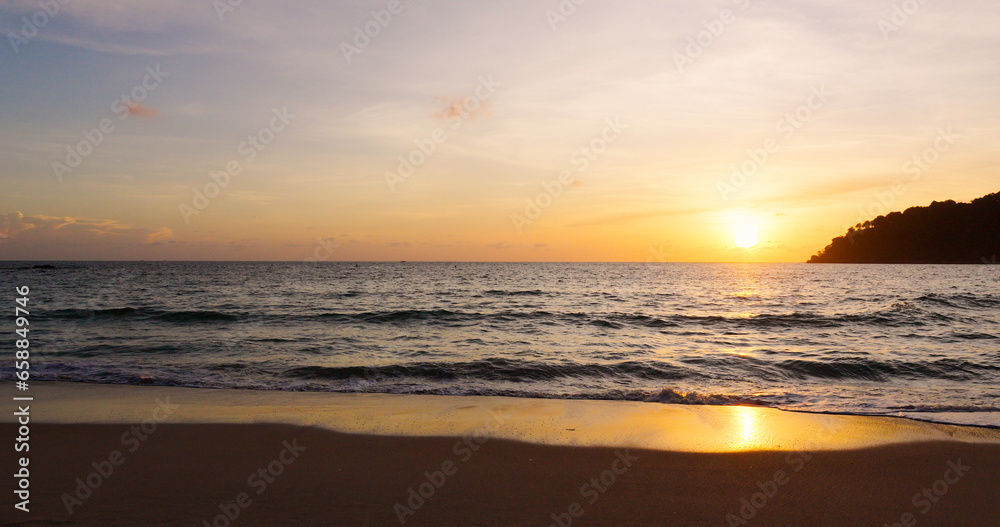 Amazing scene sunset tropical beach sea. New normal after covid-19. Phuket Thailand beautiful tropical beach with a sunset sky. Beautiful Phuket beach is a famous tourist destination in Andaman sea 