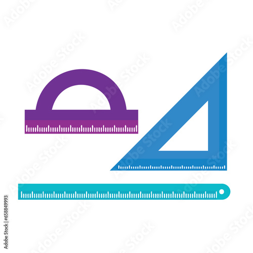 Different rulers and protractor on white background