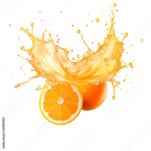 Isolated Orange Juice Splash with Shiny Liquid Droplets on Transparent Background, PNG