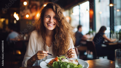 Woman eating food in the restaurant photo