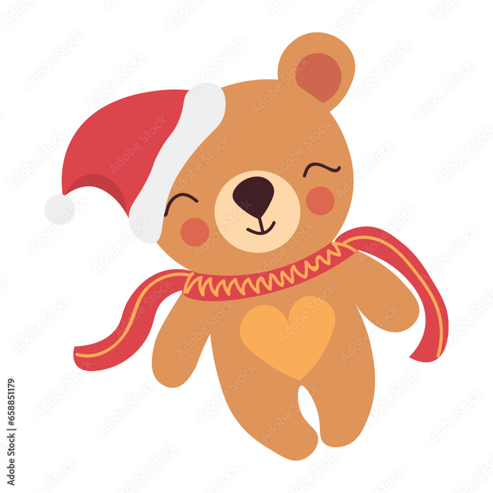 Cute bear in Santa hat and scarf on white background Cute bear in Santa hat and scarf on white background