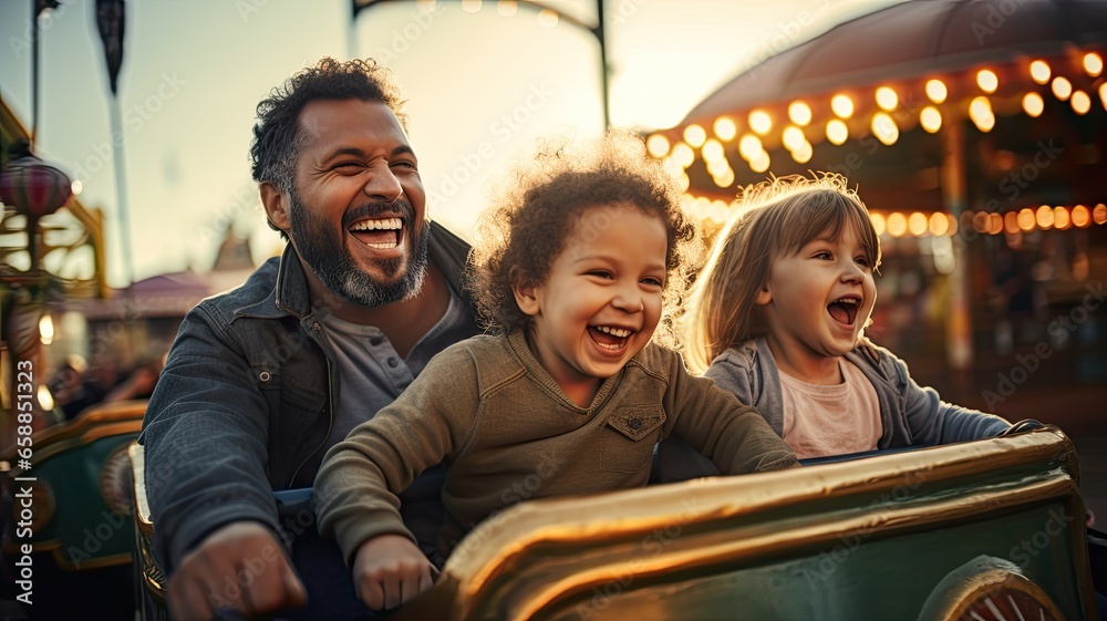 Happy family on a carousel or roller coaster in the amusement background. - obrazy, fototapety, plakaty 