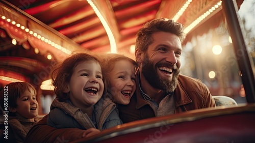 Happy family on a carousel or roller coaster in the amusement background. © Virtual Art Studio