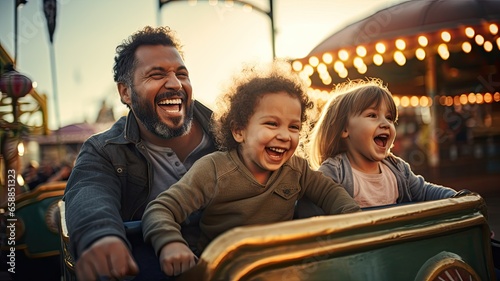 Billede på lærred Happy family on a carousel or roller coaster in the amusement background