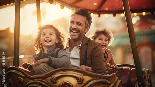 Happy family on a carousel or roller coaster in the amusement background.