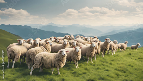 Beautiful sheep herd in grass field on the hill, AI generated