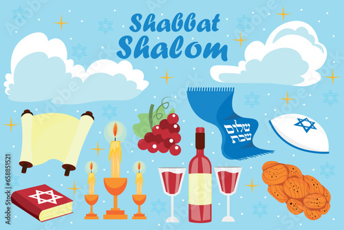 Banner for Shabbat Shalom with symbols on light blue background