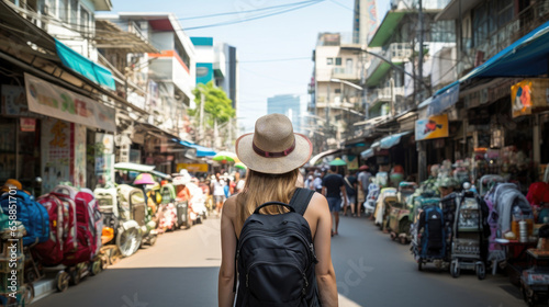 Young Asian traveling backpacker in Khaosan Road outdoor market in Bangkok, Thailand