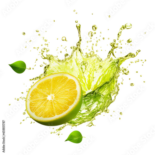 Lime Juice Splash with Shiny Liquid Droplets on Transparent Background, PNG