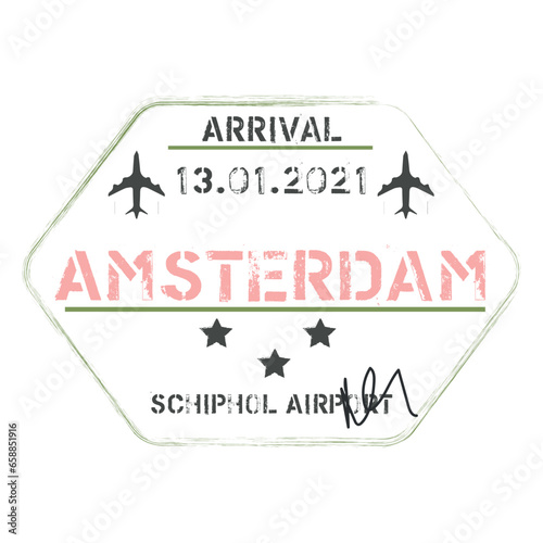 Amsterdam passport stamp on white background