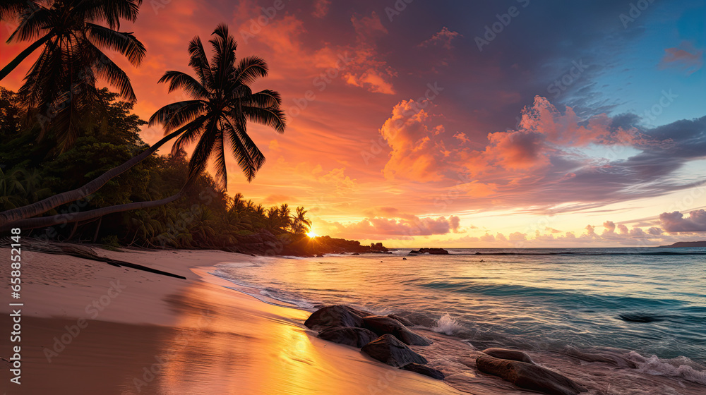 Panoramic view of beautiful beach at sunset with coconut palm tree, sea and beautiful rocks, Beau Vallon beach, Mahe island, Seychelles. 