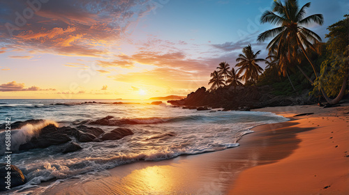Panoramic view of beautiful beach at sunset with coconut palm tree, sea and beautiful rocks, Beau Vallon beach, Mahe island, Seychelles. 