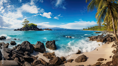 Panoramic view of beautiful beach at sunset with coconut palm tree, sea and beautiful rocks, Beau Vallon beach, Mahe island, Seychelles. 