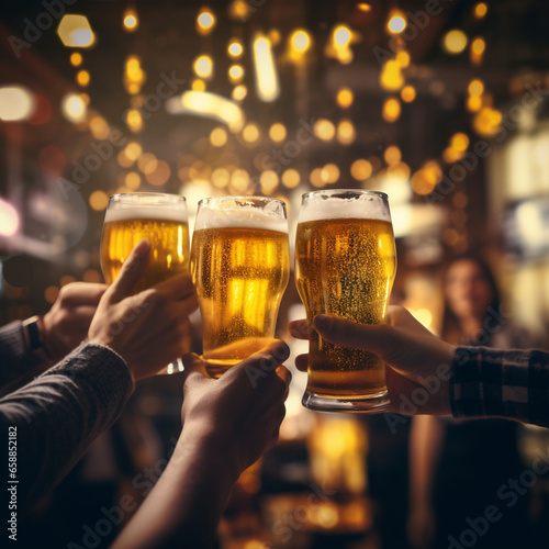 Selective focus at beer mug or glass in hands, cheer and toast, blur and defocus background of interior bar vibe with golden bokeh. 