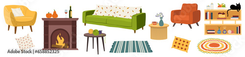 Collection of different furniture and decor for living room on white background