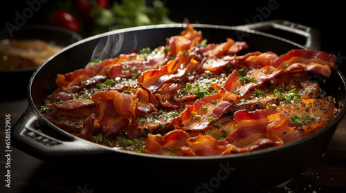 A sizzling pan of crispy bacon strips golden brown UHD wallpaper Stock Photographic Image