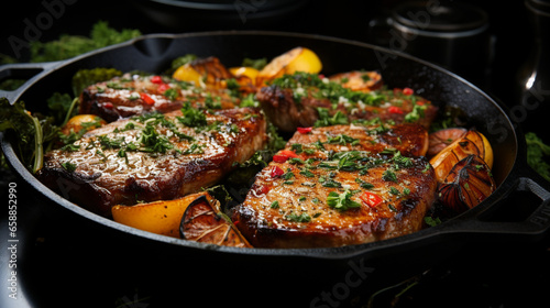 A sizzling skillet of pork chops perfectly seared UHD wallpaper Stock Photographic Image