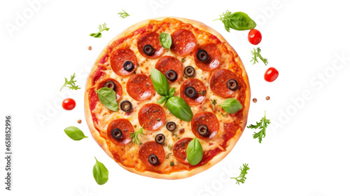 Pepperoni Pizza with Fresh Ingredients on Transparent Background, Top View, PNG
