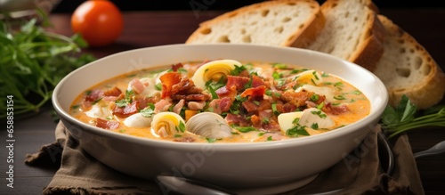 Close up of a bowl of tomato clam chowder with shellfish and bacon on the table With copyspace for text photo