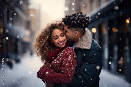 Multiracial young couple hug on Valentine's Day outdoors in the snowy city. Generative AI.